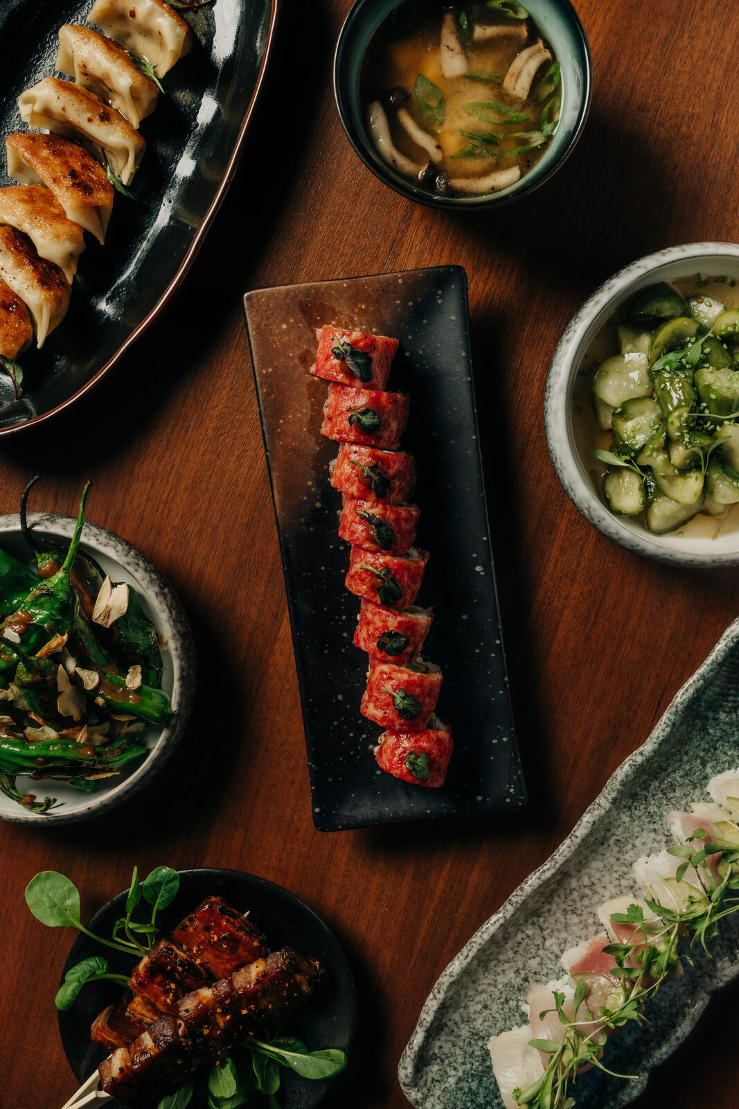 Family-style table spread for a private event at Cherryfish, Pacific Beach San Diego