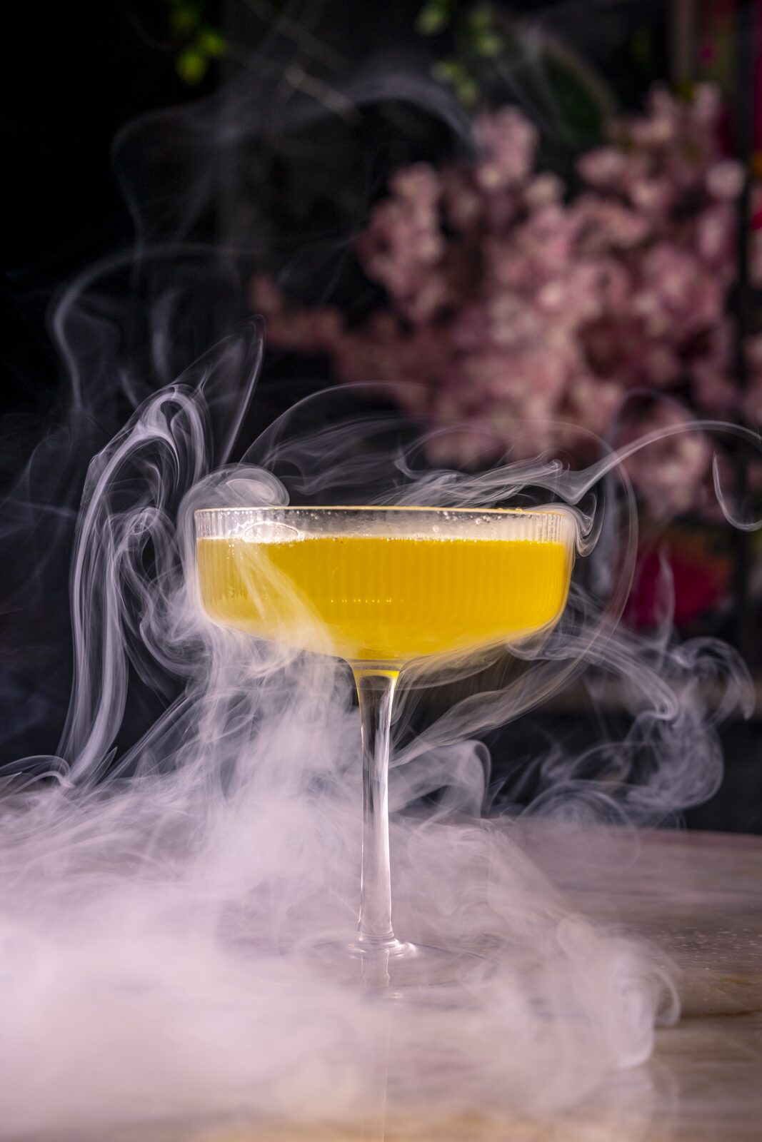 Shishito cocktail with smoke and cherry blossoms at Cherryfish bar, Pacific Beach San Diego